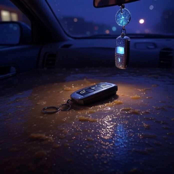 Blurry key fob in puddle, glowing scanner, spaceship charm. Blurry key fob in puddle, glowing scanner, spaceship charm.