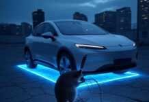Wireless EV Charging Is the Future of Charging Truly Cable-Free EV on glowing pad, raccoon with tossed cable.