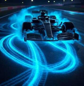 The Evolution of Aerodynamics in Motorsports from Ground Effect to Active Aero Blurry F1 car in rain, glowing tunnels, heart tracks.
