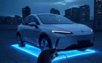Wireless EV Charging Is the Future of Charging Truly Cable-Free EV on glowing pad, raccoon with tossed cable.