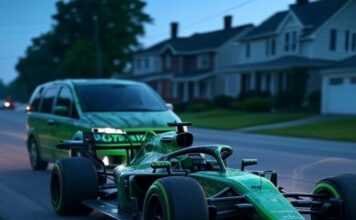 How Motorsports Innovations Influence Everyday Car Tech F1 car races past minivan on suburban street.