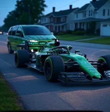 How Motorsports Innovations Influence Everyday Car Tech F1 car races past minivan on suburban street.