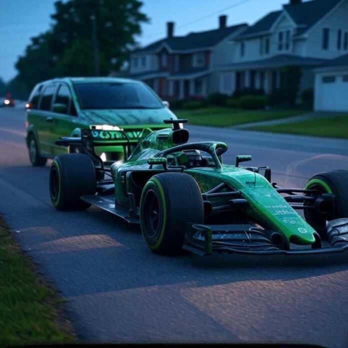 F1 car races past minivan on suburban street.