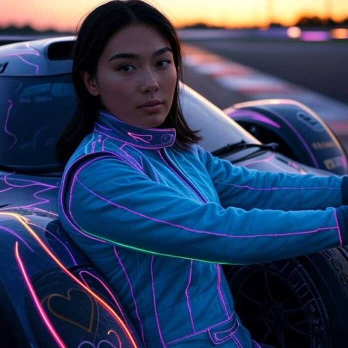Blurry female driver with neon race car. Blurry female driver with neon race car.