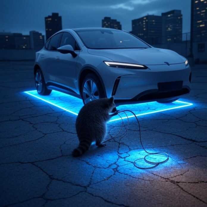 EV on glowing pad, raccoon with tossed cable.