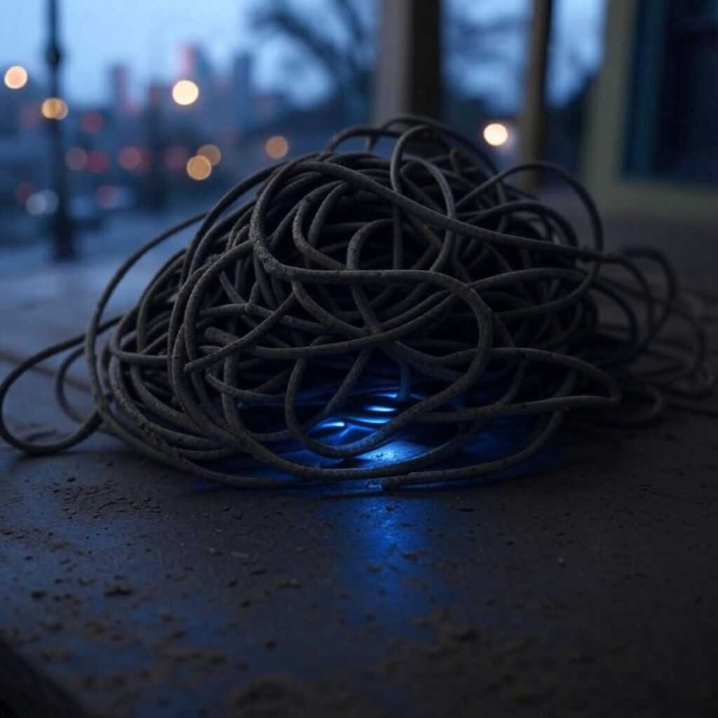 Tangled muddy cable, wireless pad glow on porch.