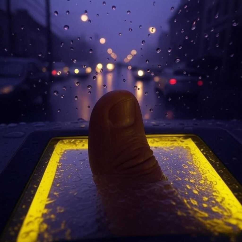 Shaky thumb on wet biometric scanner, rain droplets.