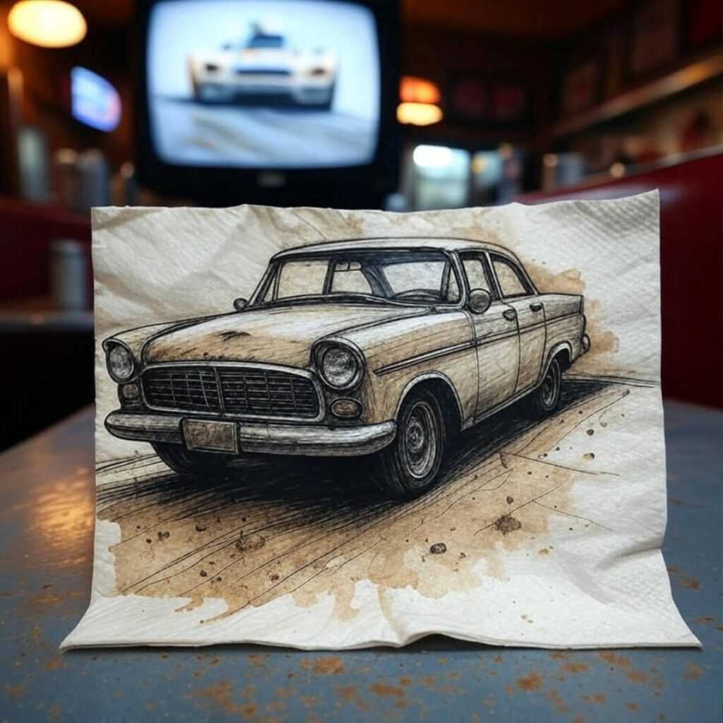Coffee-stained napkin sketch of ground effect car.