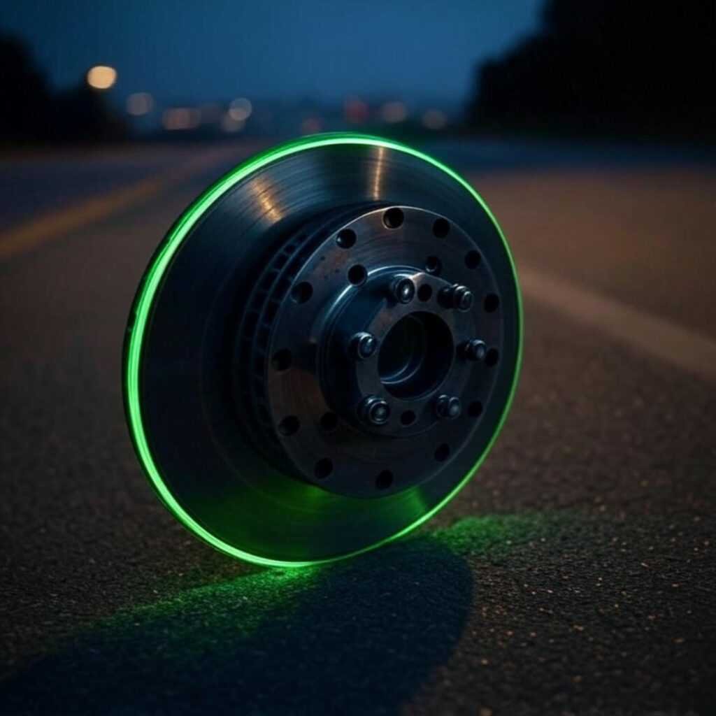 Grimy brake disc glows neon green on road.