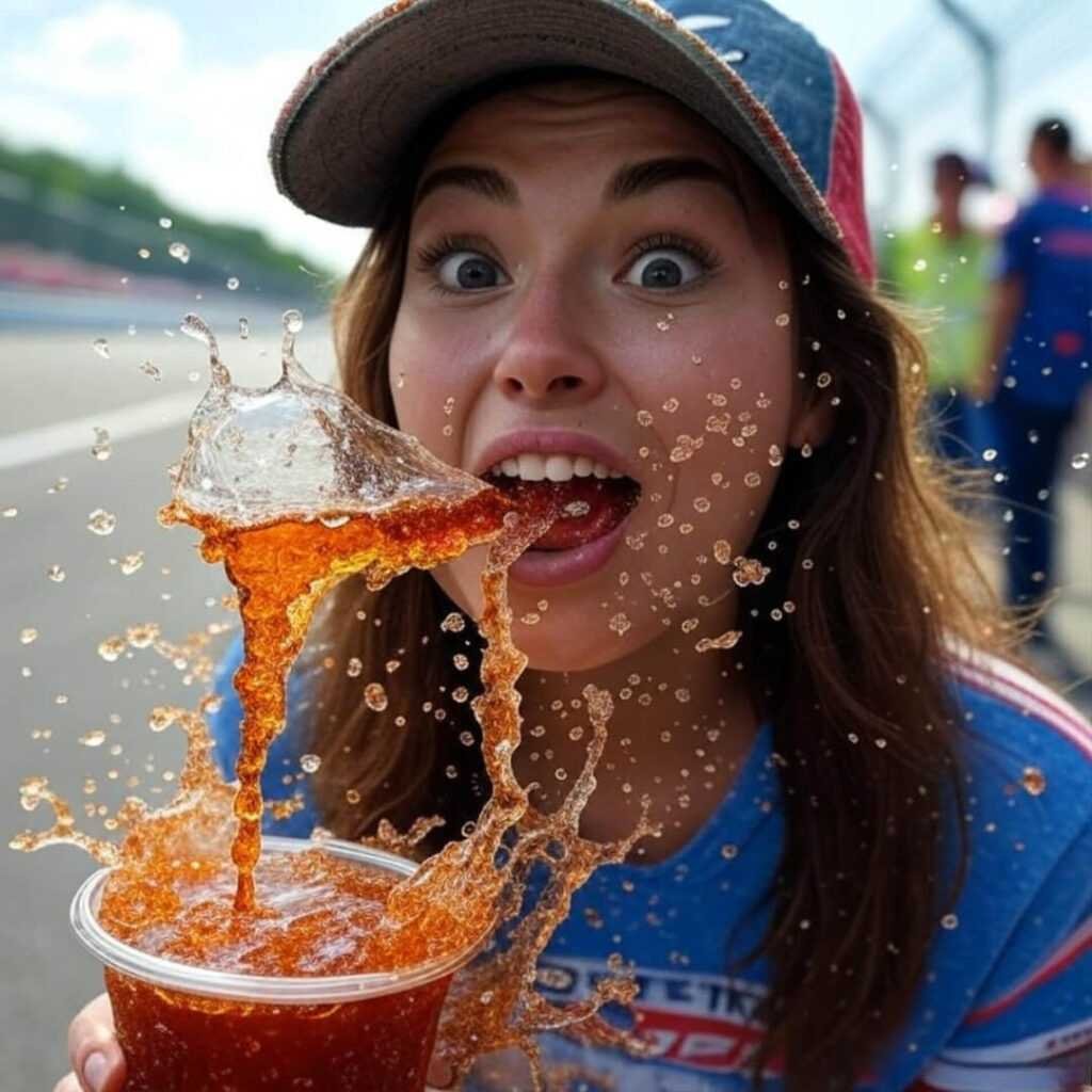 Shaky fan yelling, soda splashing from cup.