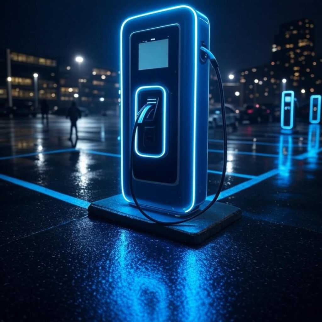 Rainy Seattle lot, futuristic wireless charging station glow.