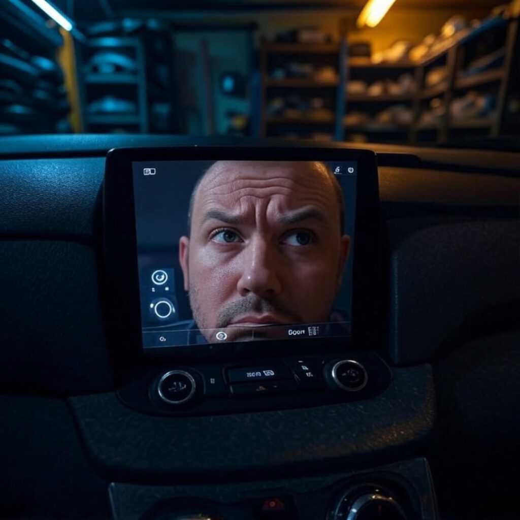 Tilted dashboard with confused face reflection, cluttered garage.