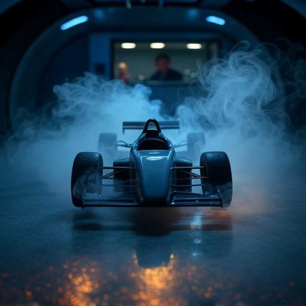 Sneaky wind tunnel test with neon smoke swirls.
