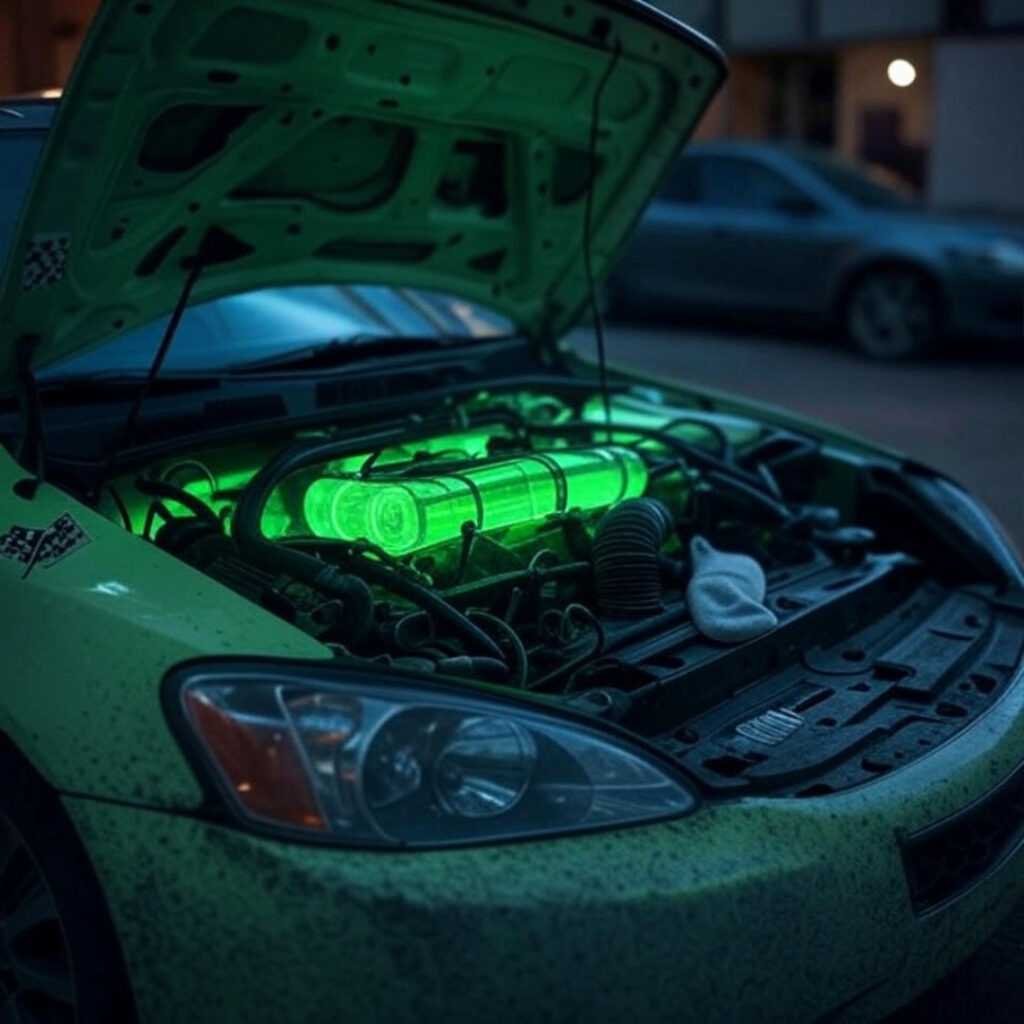 Messy car hood with glowing engine and sock.
