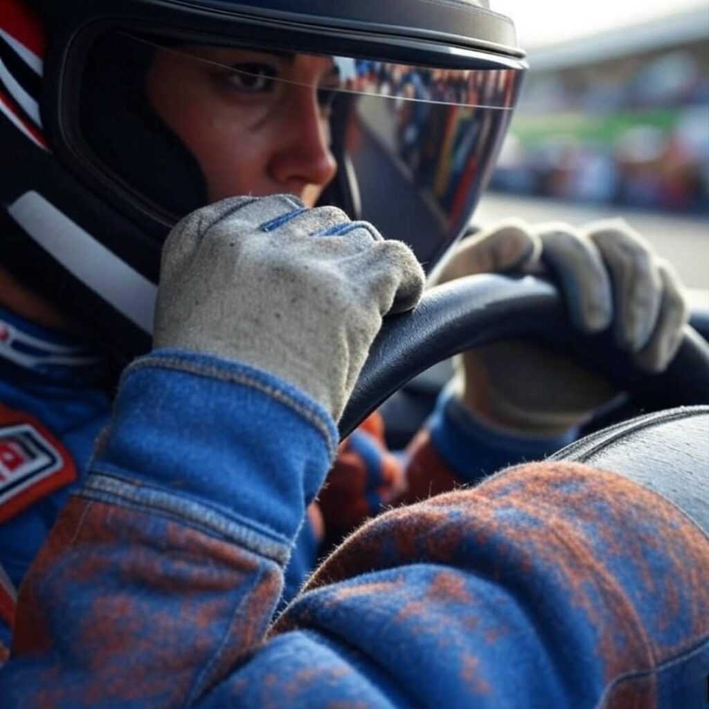 Close-up of driver’s scuffed gloves on wheel.