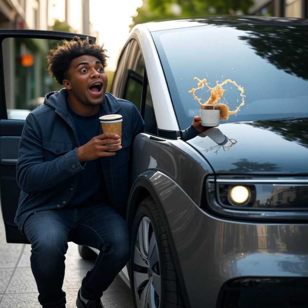 Person tripping, coffee splashing over sleek EV setup.