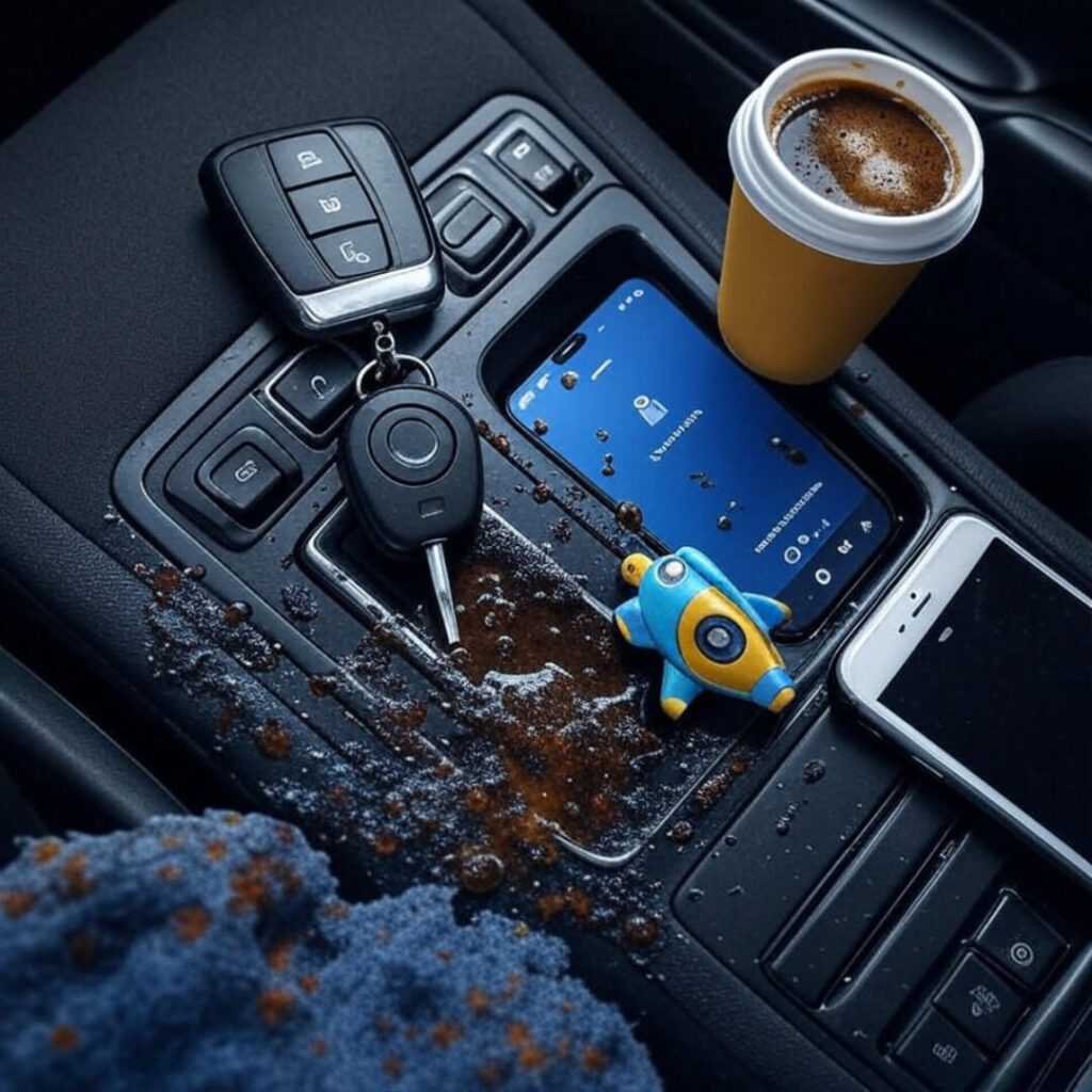 Messy console with key fob, coffee, phone, spaceship.