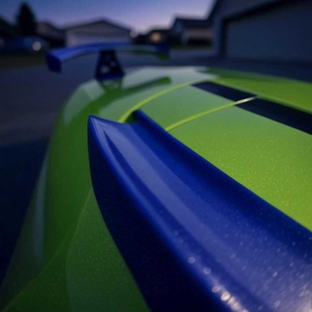 Sad spoiler shines neon against driveway at dusk.