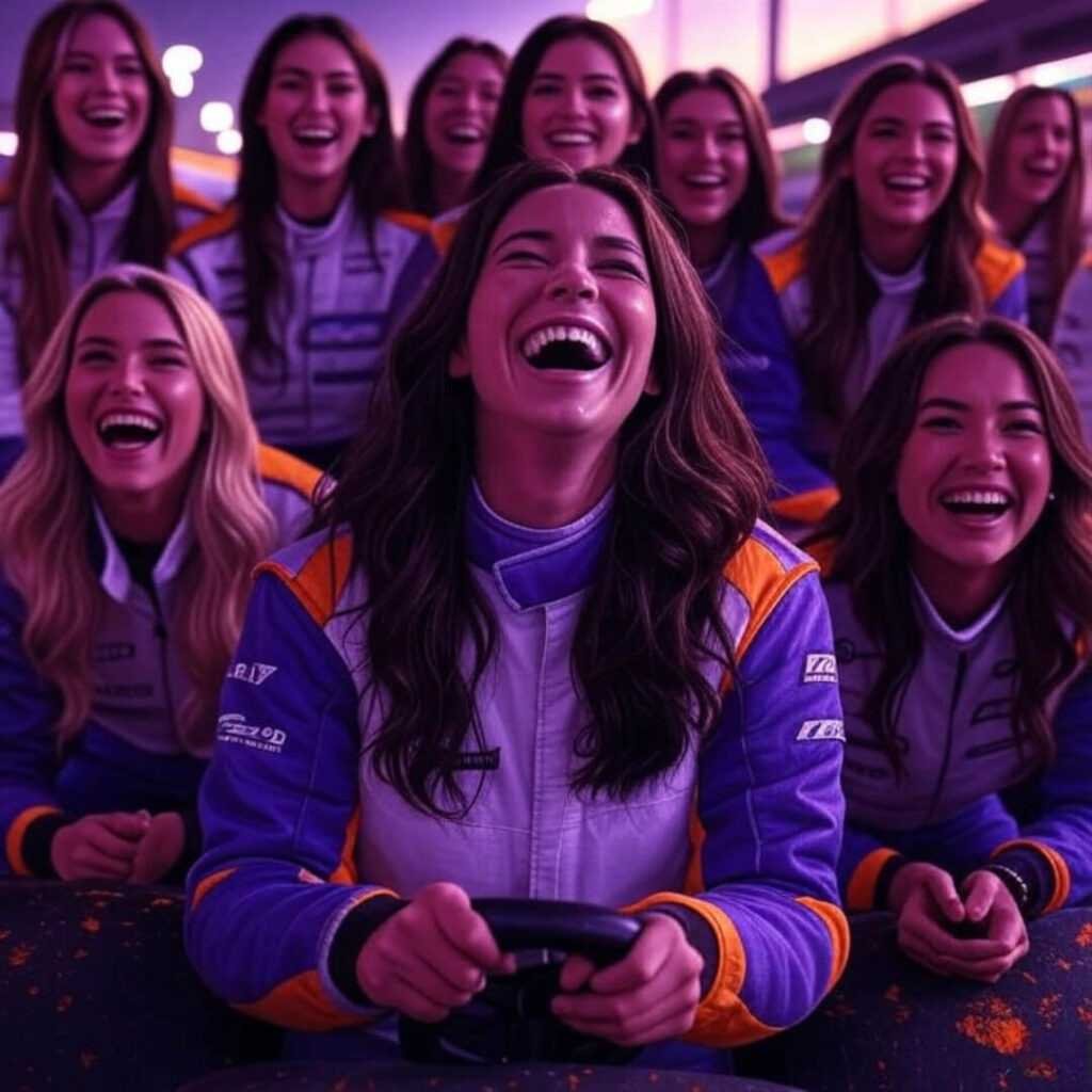 Messy painting of laughing women in pit lane.