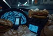 5G and the Future of Connected Cars: How Ultra-Fast Networks Will Change Driving Blurry dashboard with 5G waves, old GPS, wrappers.