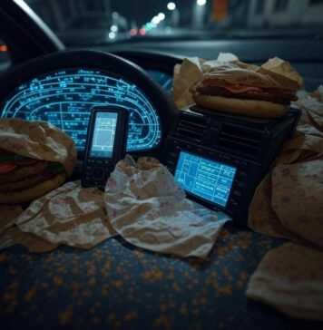 5G and the Future of Connected Cars: How Ultra-Fast Networks Will Change Driving Blurry dashboard with 5G waves, old GPS, wrappers.