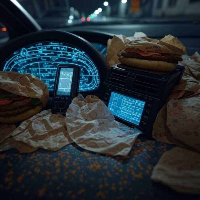 Blurry dashboard with 5G waves, old GPS, wrappers. Blurry dashboard with 5G waves, old GPS, wrappers.