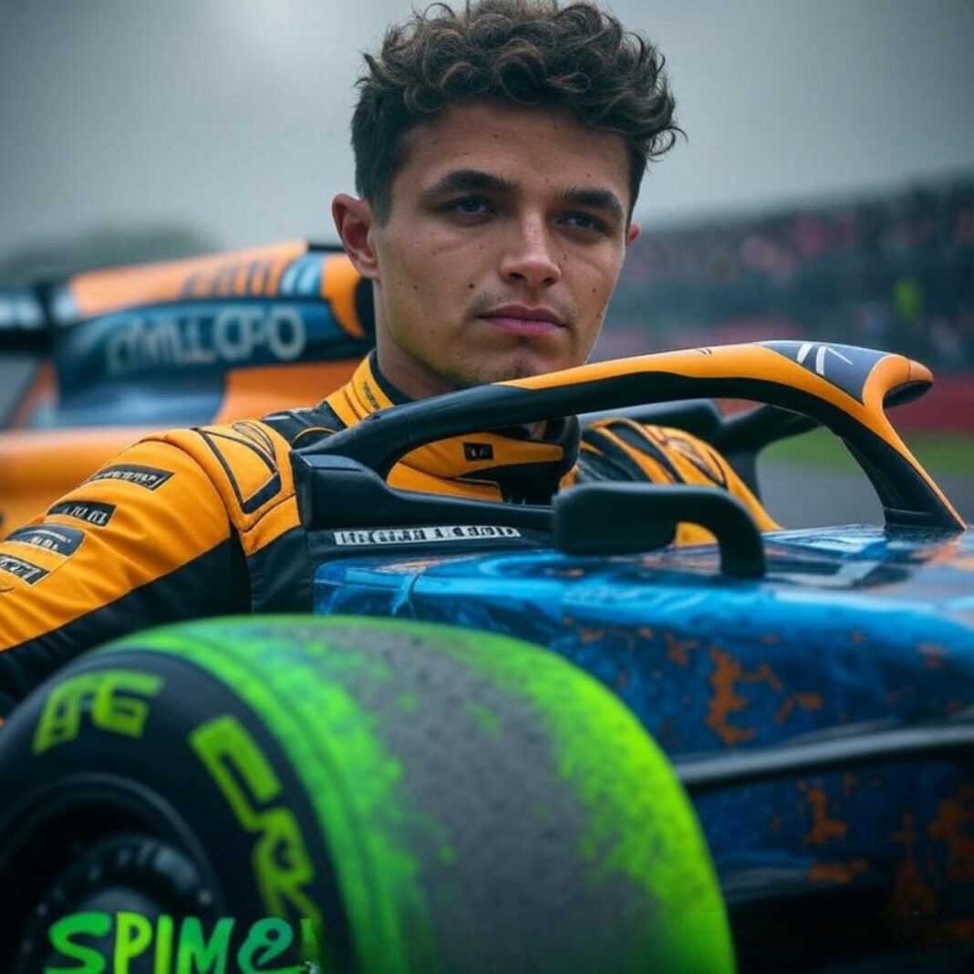 Lando Norris racing McLaren, blurry crowd, neon vibe.