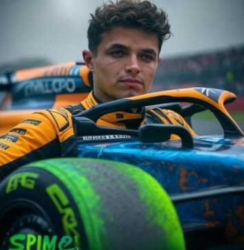 The Rise of Lando Norris: How Young Talent Is Reshaping Formula 1 Lando Norris racing McLaren, blurry crowd, neon vibe.