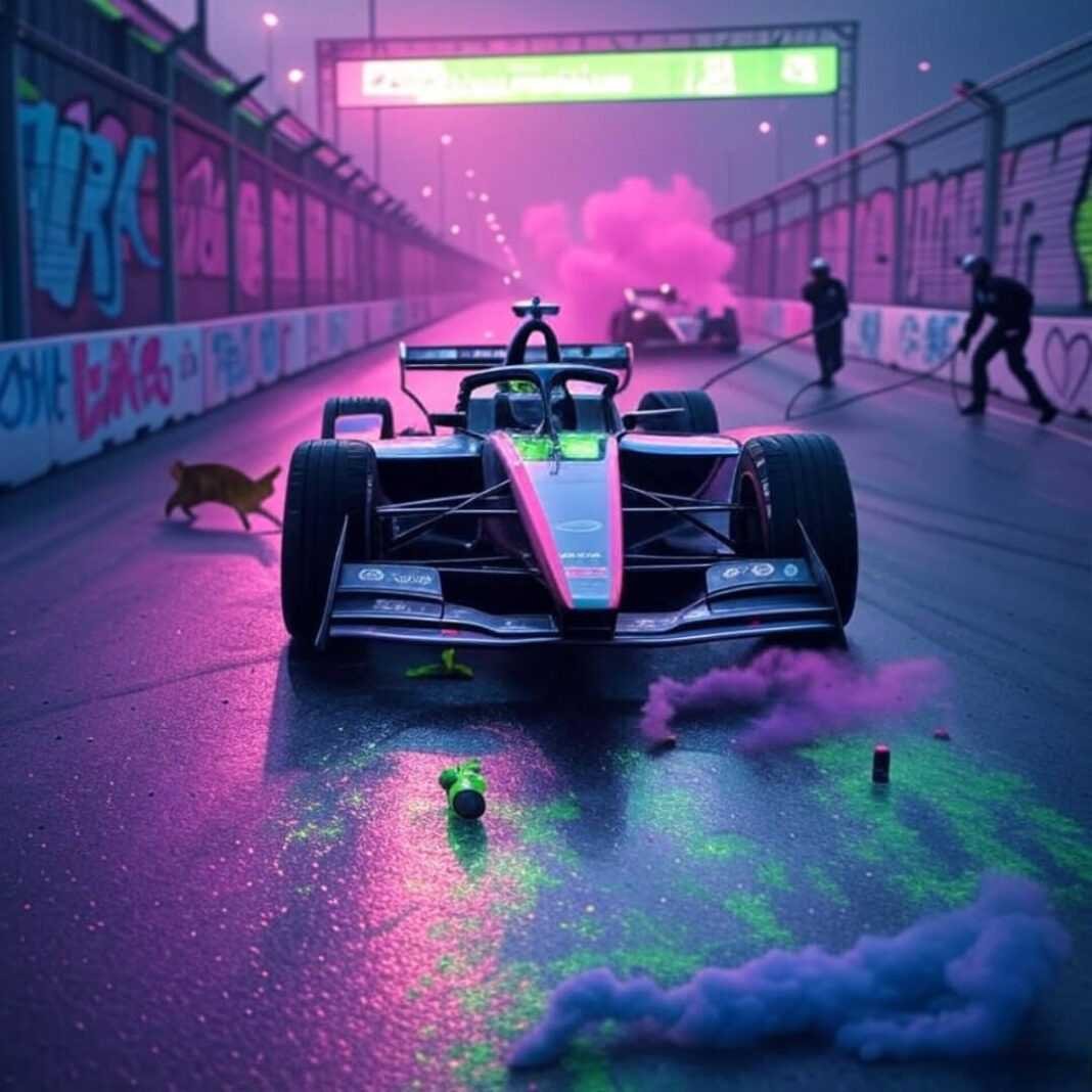 Pixelated Formula E car zipping to 2025 takeover, neon chaos with cats.