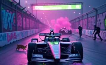 Formula E’s 2025 Season Will It Finally Overtake Traditional Racing Pixelated Formula E car zipping to 2025 takeover, neon chaos with cats.