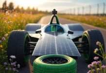 Sustainability in Racing: How Green Efforts Shape the Future Blurry electric car zooms on wildflower track.