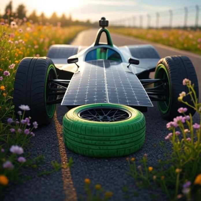 Blurry electric car zooms on wildflower track. Blurry electric car zooms on wildflower track.