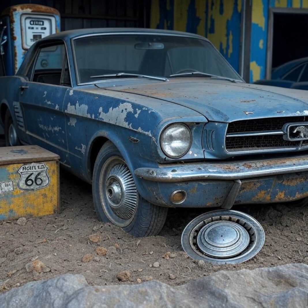Scratched 1965 Mustang in barn, rusty pump, hubcap.