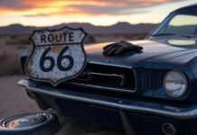 The Most Iconic Classic Cars Every Collector Should Know About in 2025 Blurry 1965 Mustang in desert with glove and hubcap.