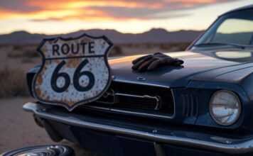 The Most Iconic Classic Cars Every Collector Should Know About in 2025 Blurry 1965 Mustang in desert with glove and hubcap.