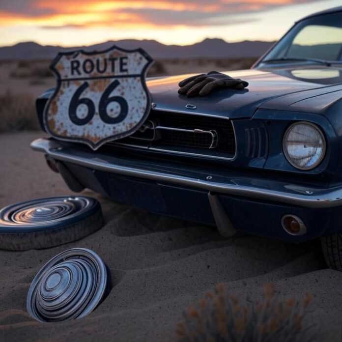 1 Blurry 1965 Mustang in desert with glove and hubcap.