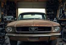 From Rust to Riches: How to Restore Classic Cars That Turn Heads and Gain Value Rusty-shiny 1965 Mustang in cluttered Ohio garage.