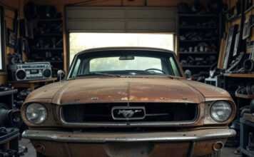 From Rust to Riches: How to Restore Classic Cars That Turn Heads and Gain Value Rusty-shiny 1965 Mustang in cluttered Ohio garage.