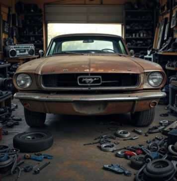 From Rust to Riches: How to Restore Classic Cars That Turn Heads and Gain Value Rusty-shiny 1965 Mustang in cluttered Ohio garage.