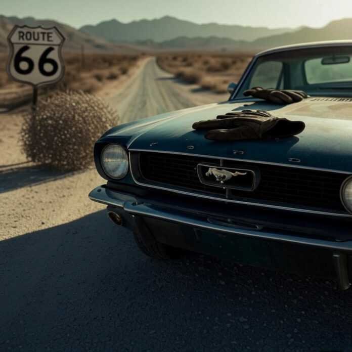 Vintage Mustang on desert road with glove.
