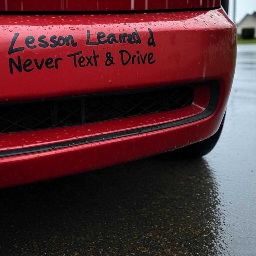 Dented red Civic bumper in a rainy driveway, my embarrassed scribble 'Never Text & Drive' etched in marker.