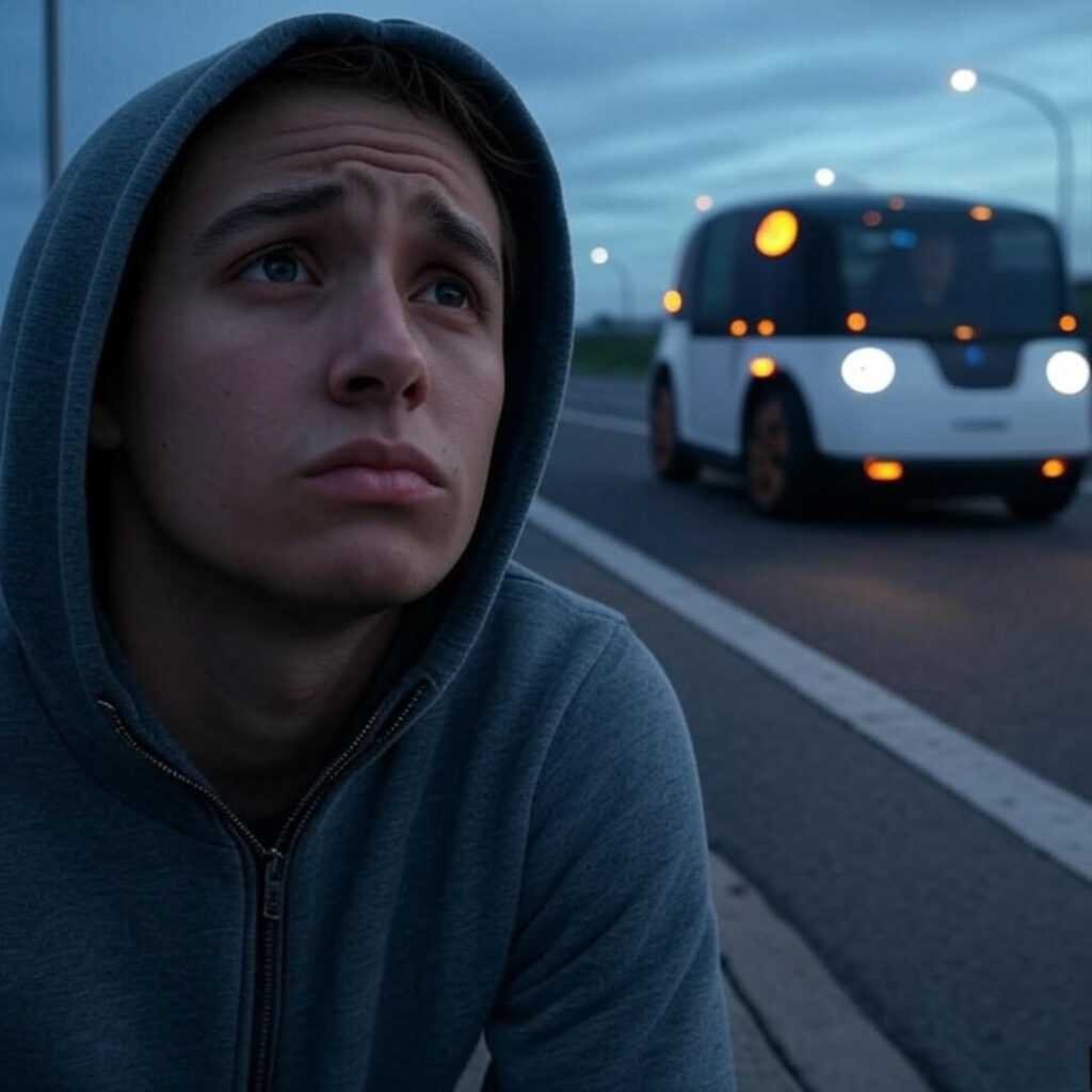 Smart road glows, driverless car, jammed hoodie, sci-fi confusion.