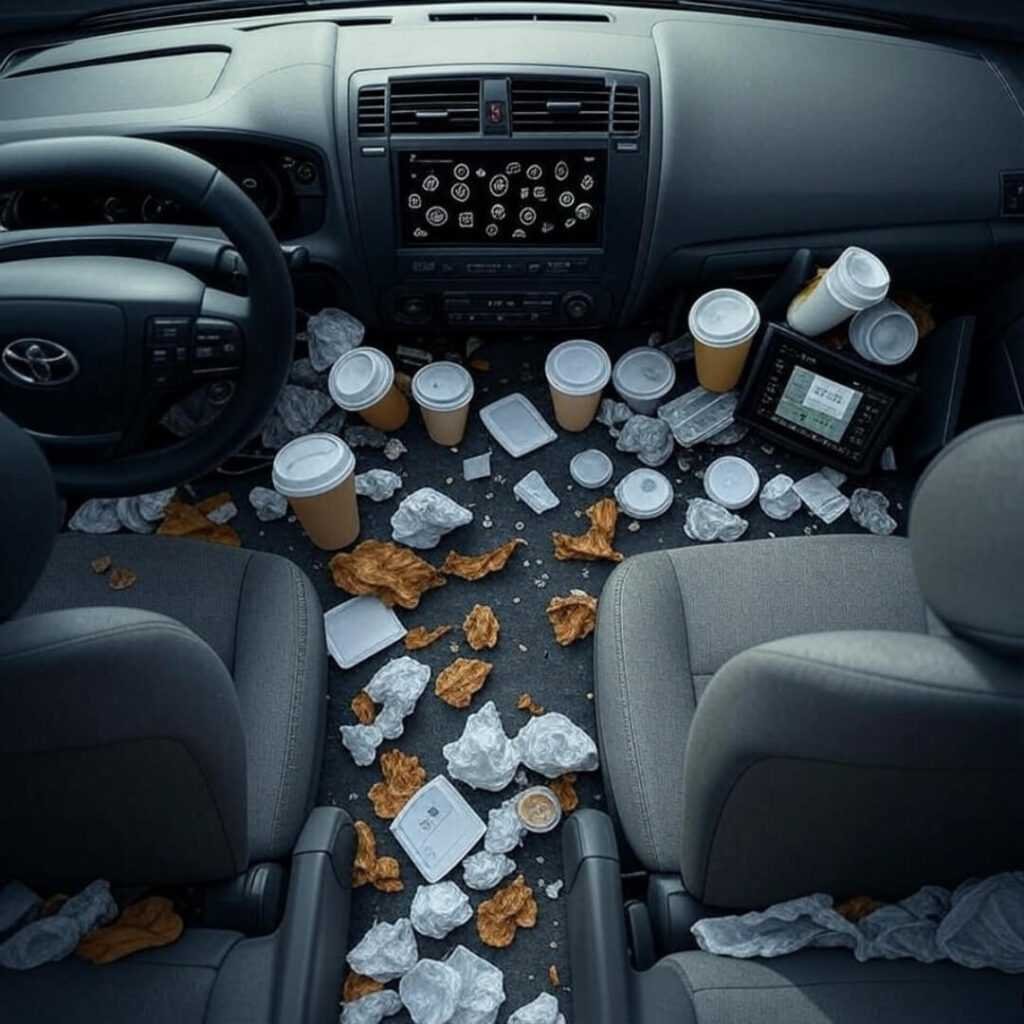 Overhead chaos view of Toyota Corolla's safety dash, coffee cup avalanche meets glowing ADAS alerts.