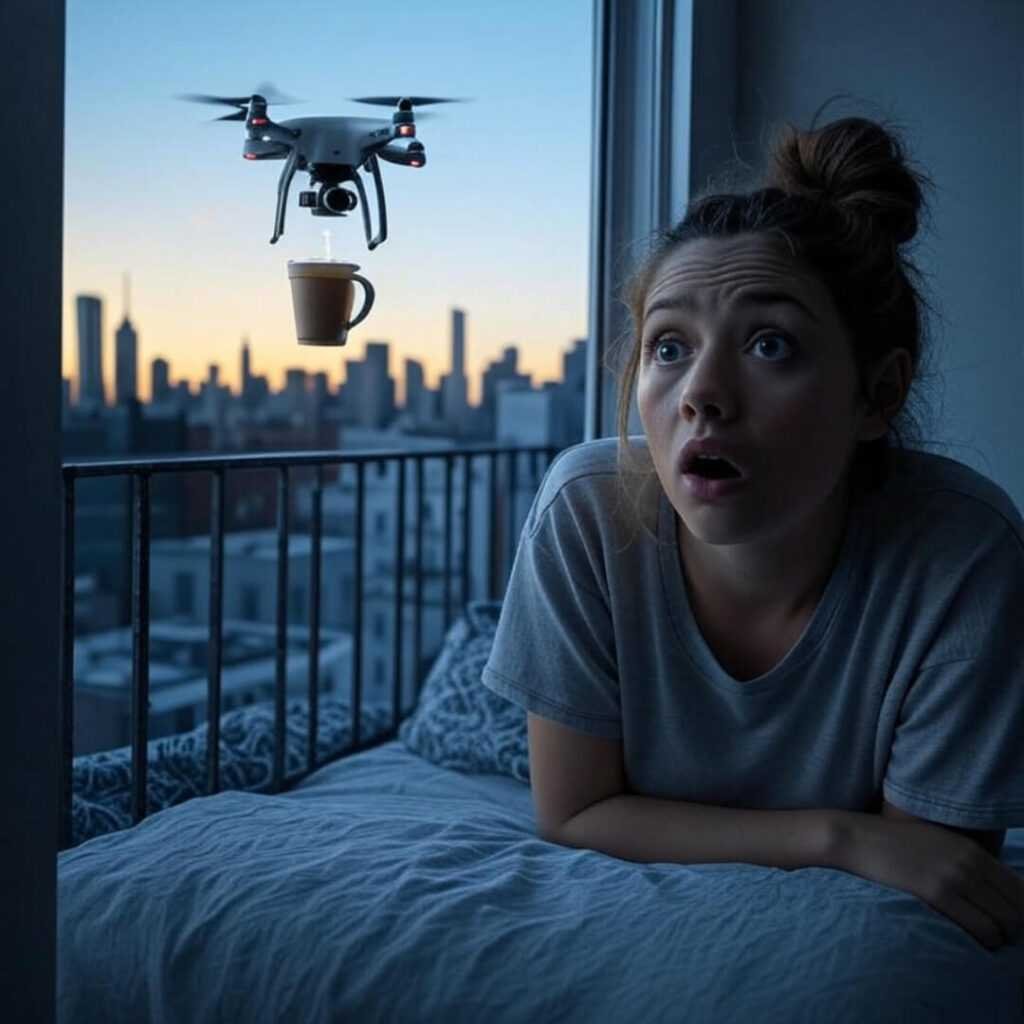 Drone delivers glowing coffee, messy hair, Queens skyline.