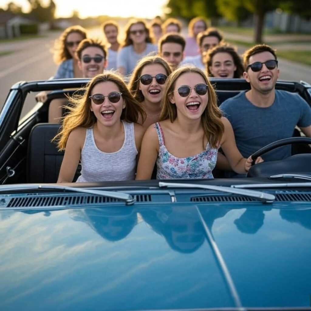 Wobbly top-down of friends piling into a redefining starter car, full of chaotic American road-trip energy.