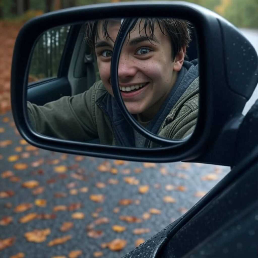 Mirror selfie fail: Me white-knuckling the wheel in a 2025 Crosstrek during a leaf-strewn skid, pure adrenaline mixed with regret.