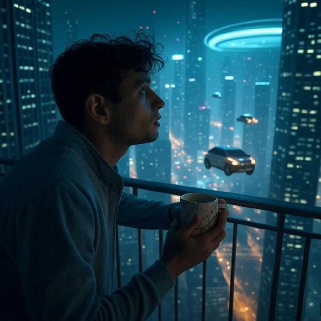 2050 city, flying cars, hyperloop, cracked mug awe.