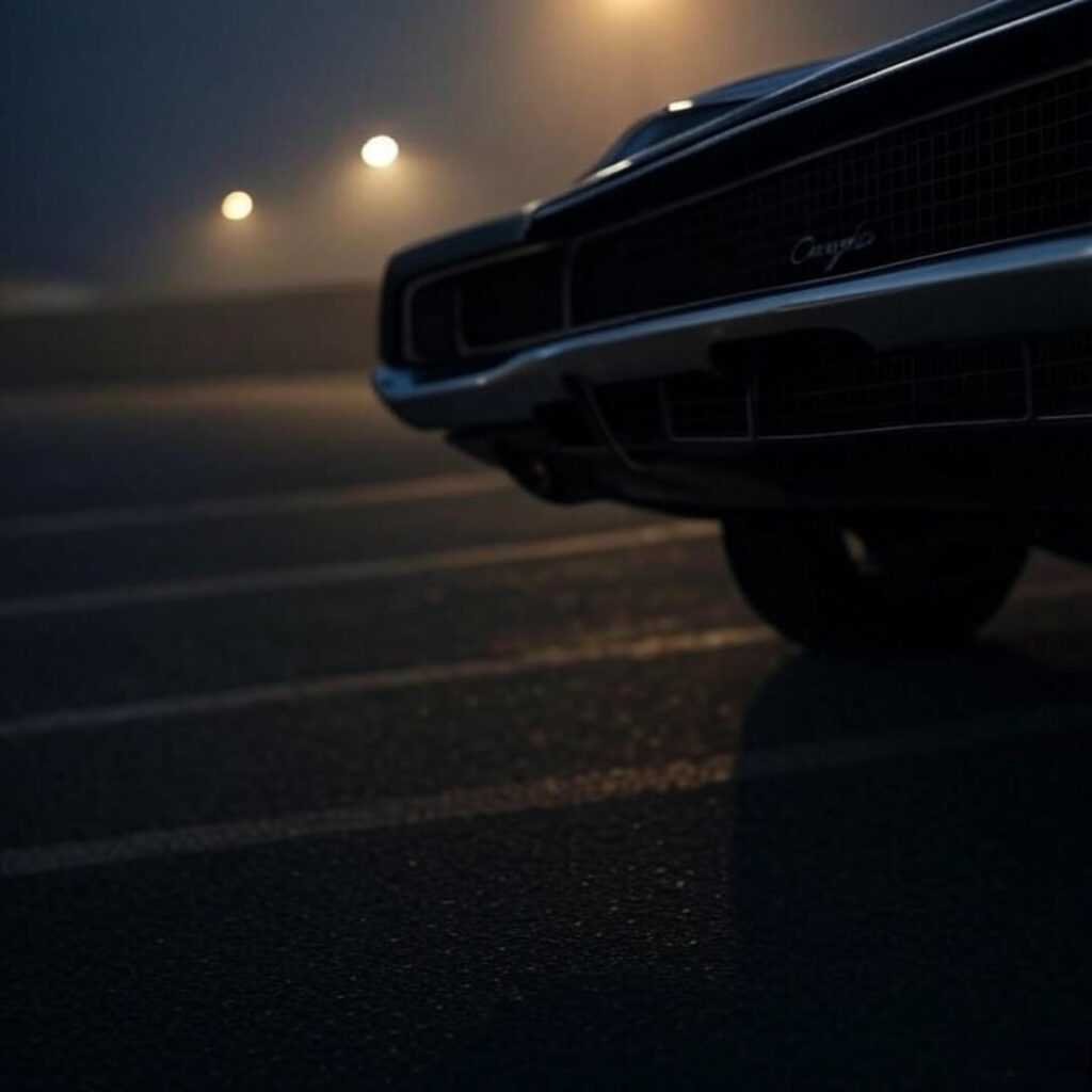 Gritty 1969 Charger grille, shadowy parking lot close-up.