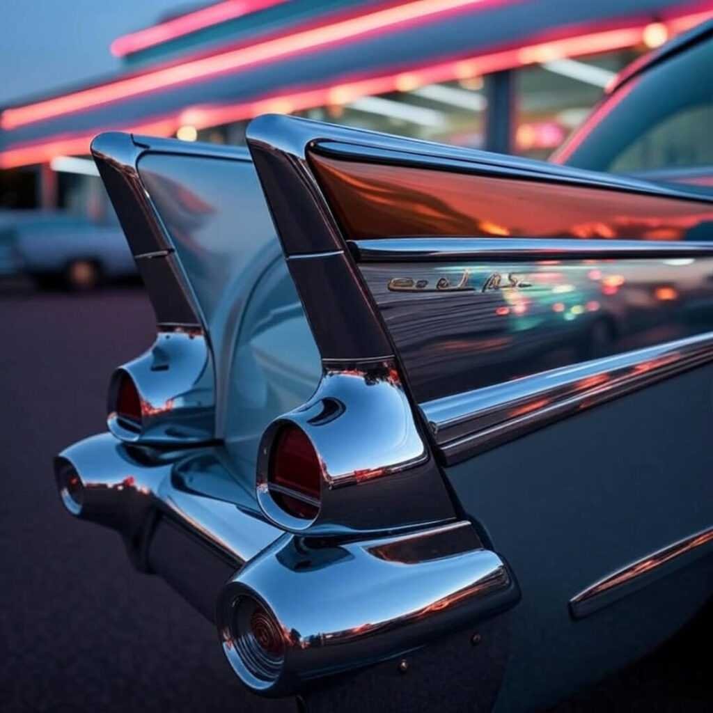 Bel Air tailfin reflecting neon diner glow.