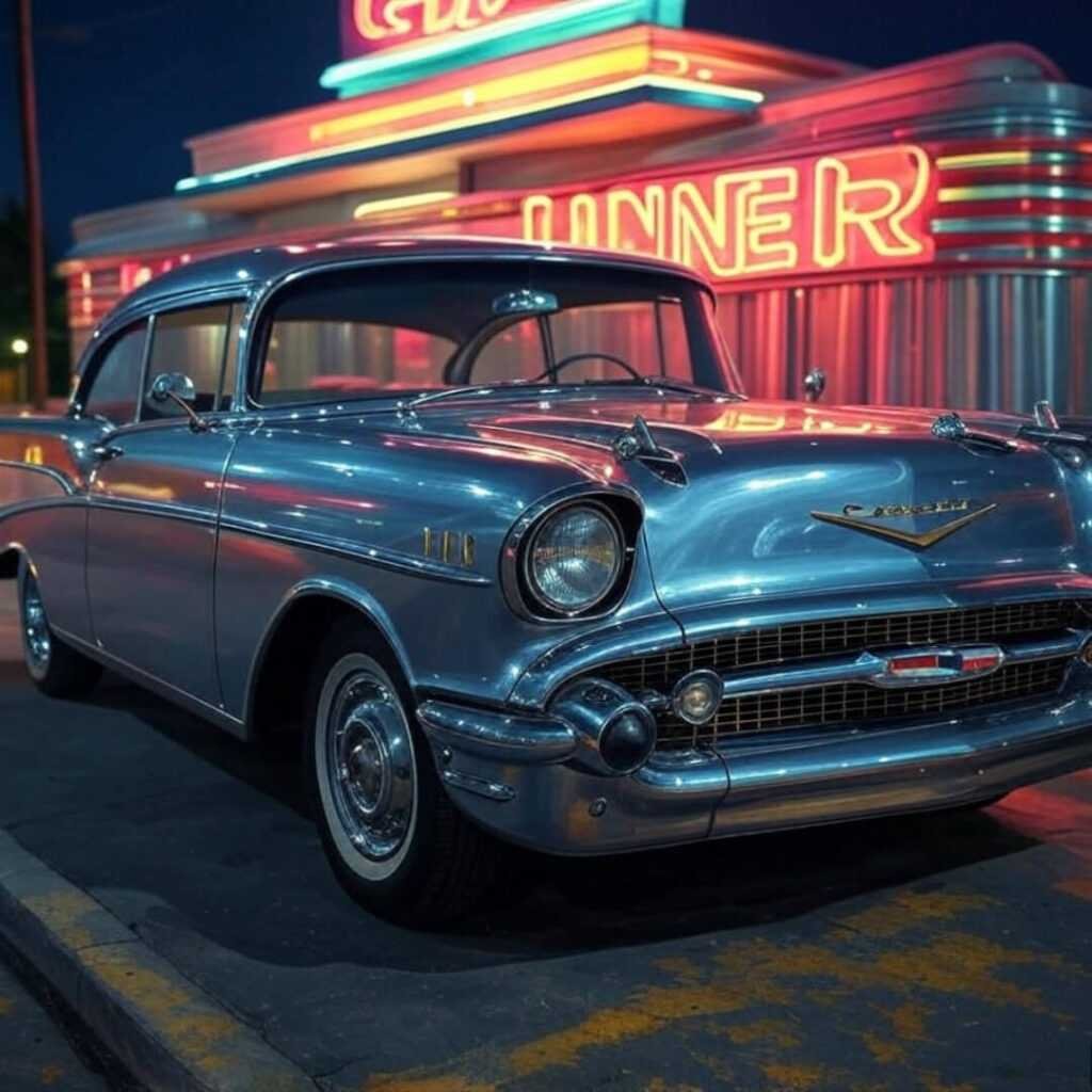 Impressionistic 1957 Bel Air by diner, neon glow.